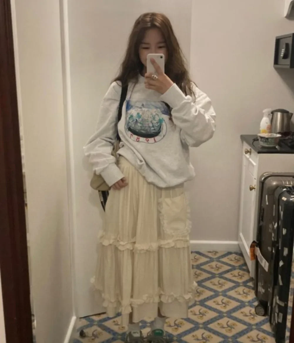 Spring Summer New Spice Girls Casual Loose Y2k Skirt Korean Simple Sweet Vintage Pastoral Style Lace Bow Pocket Long Skirt