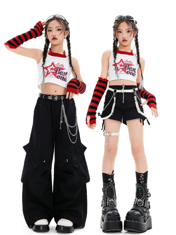 Girls Street Dance Clothes Fashion Short Sleeve Tops Baggy Pants Cheerleading Dance Performance Costume Kids Group Hip Hop Suit