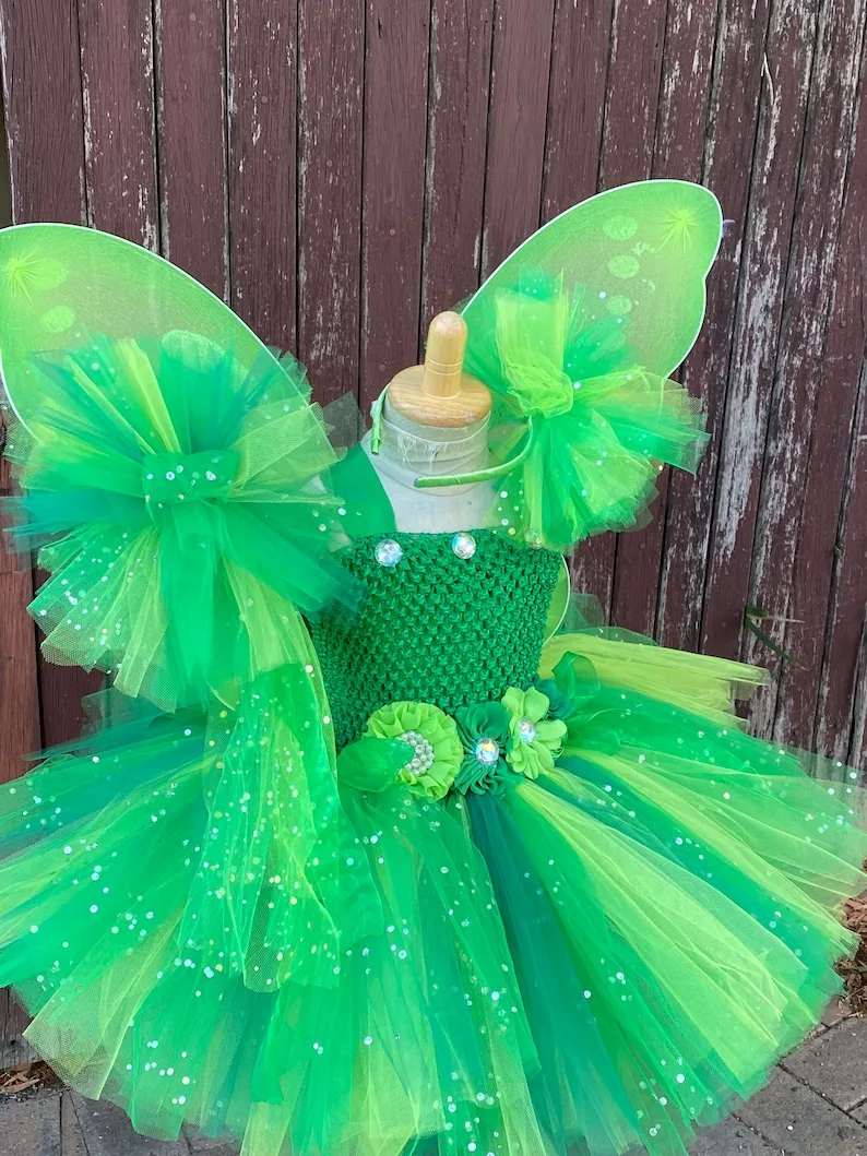 Girls Green Flower Fairy Dress Kids Glitter Tutu Dress with Butterfly Wing and Stick Hairbow Set Children Cosplay Party Costumes