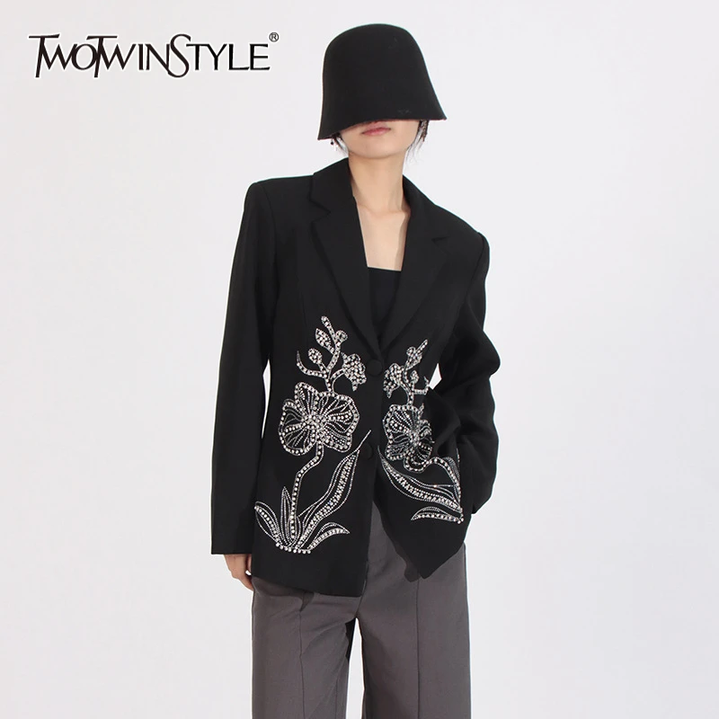 

TWOTWINSTYLE Solid Slimming Spliced Diamonds Luxurious Blazer for Women Lapel Long Sleeves Patchwork Single Breasted Coat Female