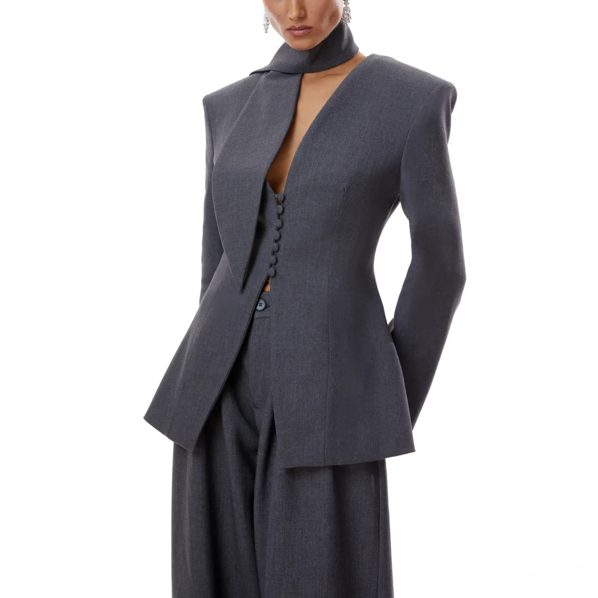 VTKW 2026 New Women Two Piece Suit Halter Neck Blazer Fitted Waist Peplum Hem High Waist Wide Leg Trousers Office Outfit - view 2
