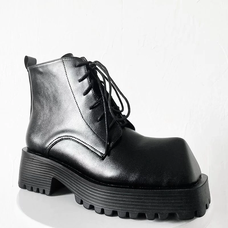 Short Boots For Men Women British Style Thick-Soled High-Top Leather Shoe Trendy Square-Toe Black Rhino Horn Mid-Top Motorcycle