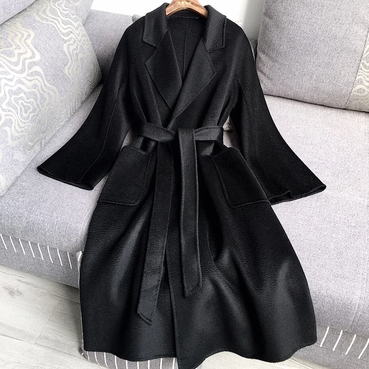 Casual Big Size Thick Water Ripple Handmade Double-sided Wool Women Coat Lapel Long Seelve Loose Belt Jacket New Autumn Winter