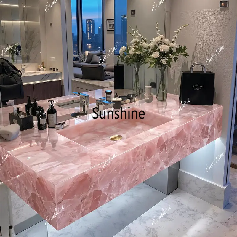 Customized powder crystal, light transmission, integrated basin, countertop, bathroom, hotel wind bathroom cabinet combination