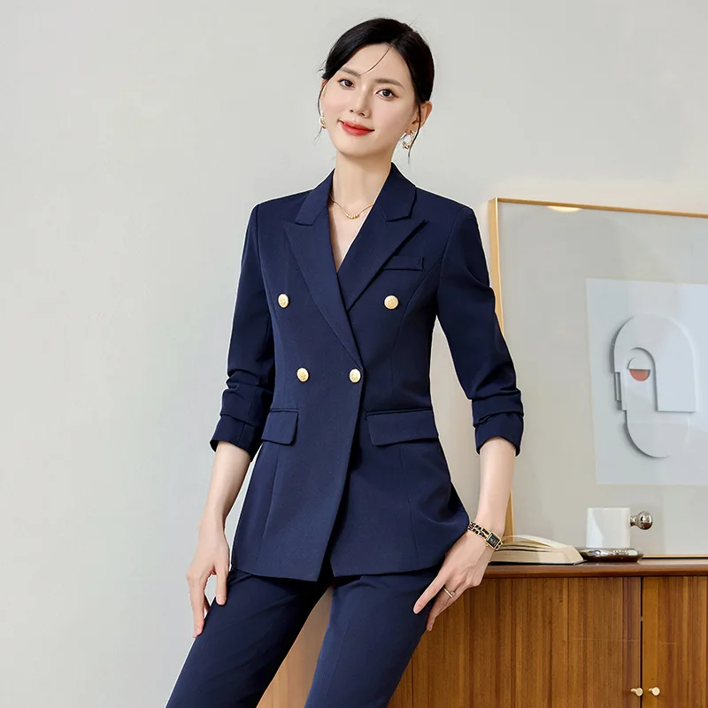 

2024Autumn and Winter Navy Blue Long Sleeve Suit Coat Two-Piece Suit Business Women's Clothing Fashion Elegant Formal Clothes Wo