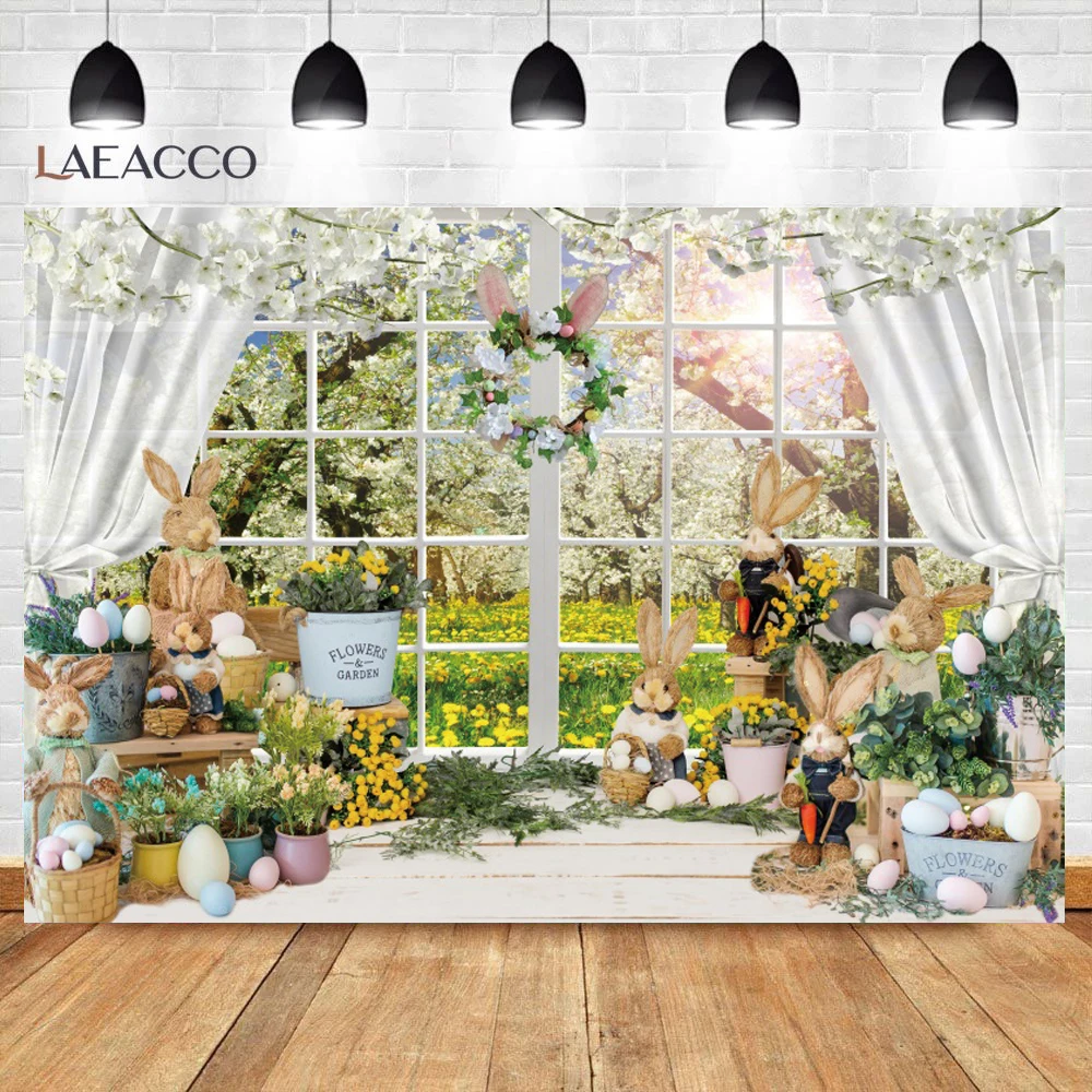 Laeacco Spring Easter Photography Backdrop Window Sill Cute Rabbit Flower Wreath Baby Shower Birthday Portrait Background