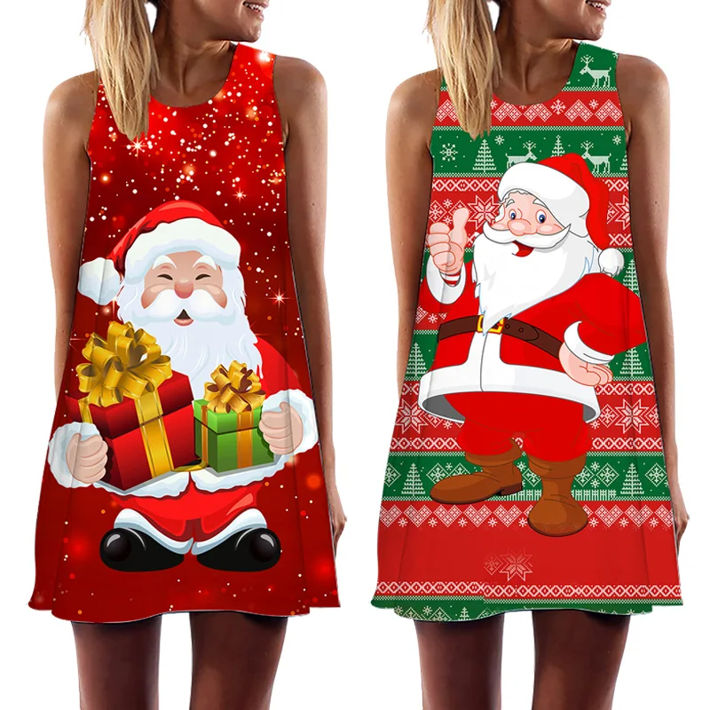 Tema de Natal feminino imprime vestido sem mangas, vestidos femininos, vestidos midi, boneco de neve, solto, Papai Noel, moda