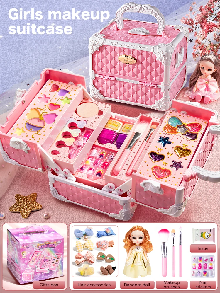 Kit de maquillaje para niños, cosméticos de simulación no tóxicos, maleta, esmalte de uñas, lápiz labial, juguete de belleza y moda para niños, regalos para niñas