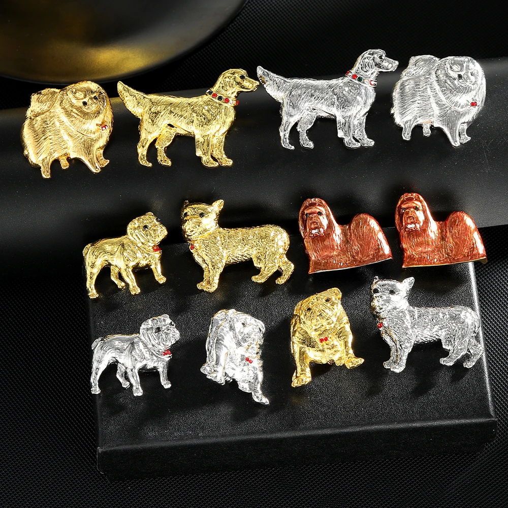 Personality Dog Collection Lapel Pins Chow Chow Bulldog Pug Akita Chihuahua Tibetan Mastiff Crystal Brooches For Pet Lovers Gift