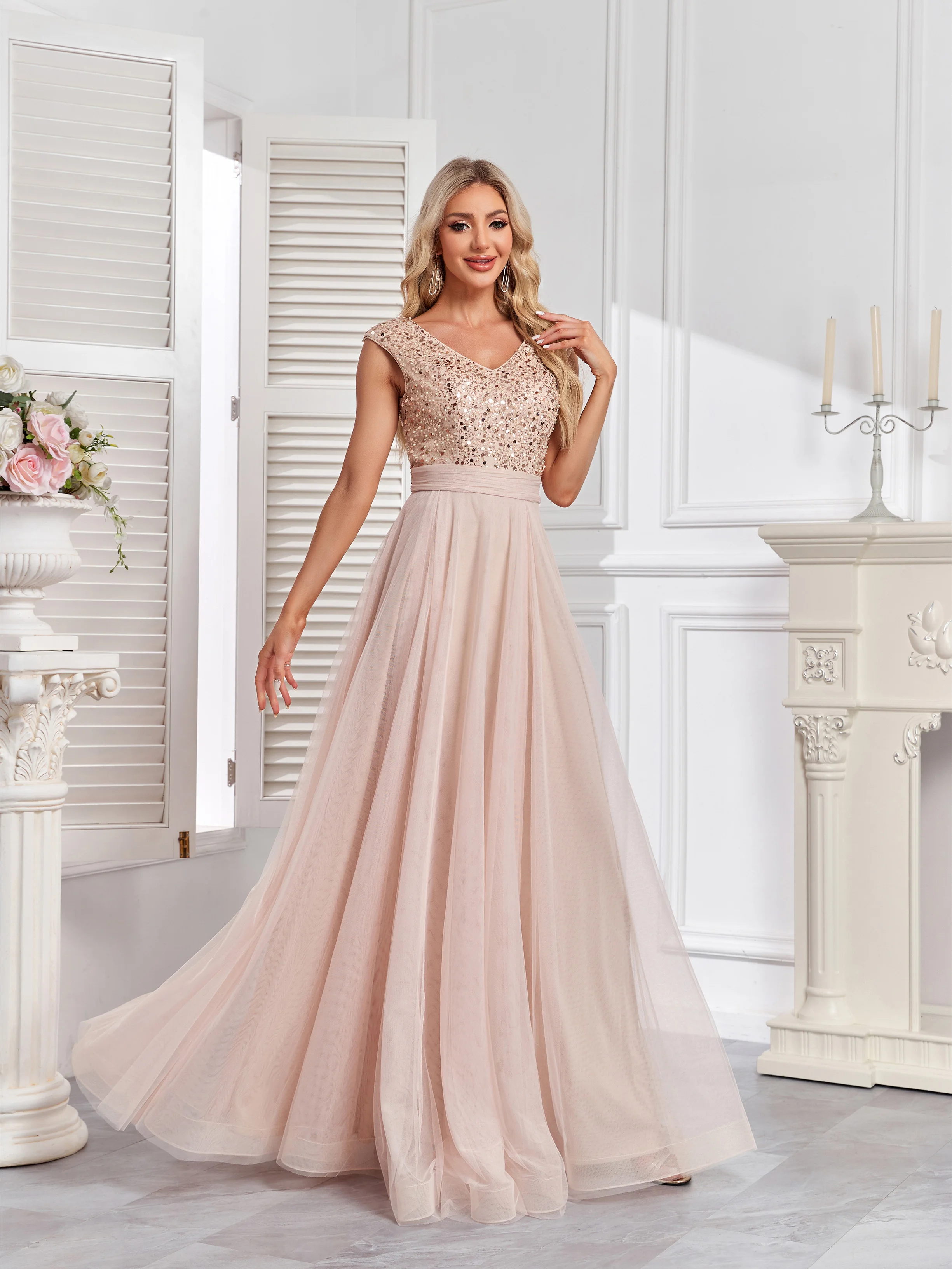 XUIBOL Gorgeous V-Neck Tank Dress with Sequin Top and Tulle Bottom, Luxurious Evening Gown