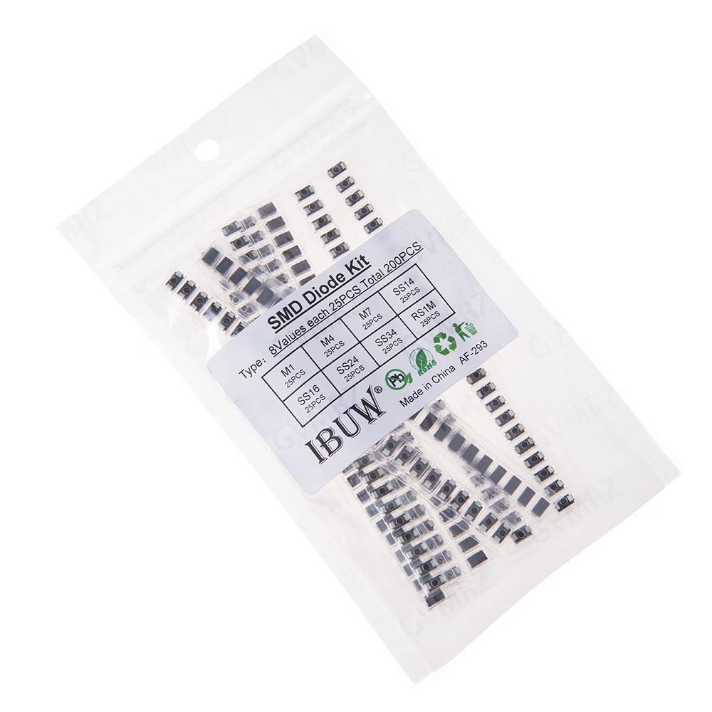 200PCS 8Values SMD Diode Kit M1 M4 M7 RS1M for Electronic Rectification Projects SS14 SS16 SS24 SS34