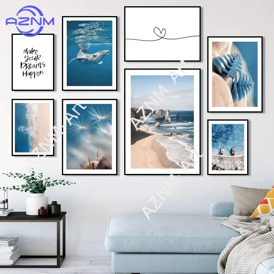 1 Stück, Blauer Ozean, Strand, Wal, Löwenzahn, Meeresblick, Wandkunst, Poster, Druck, Leinwandgemälde, nordisches Wohnzimmer, Heimdekoration