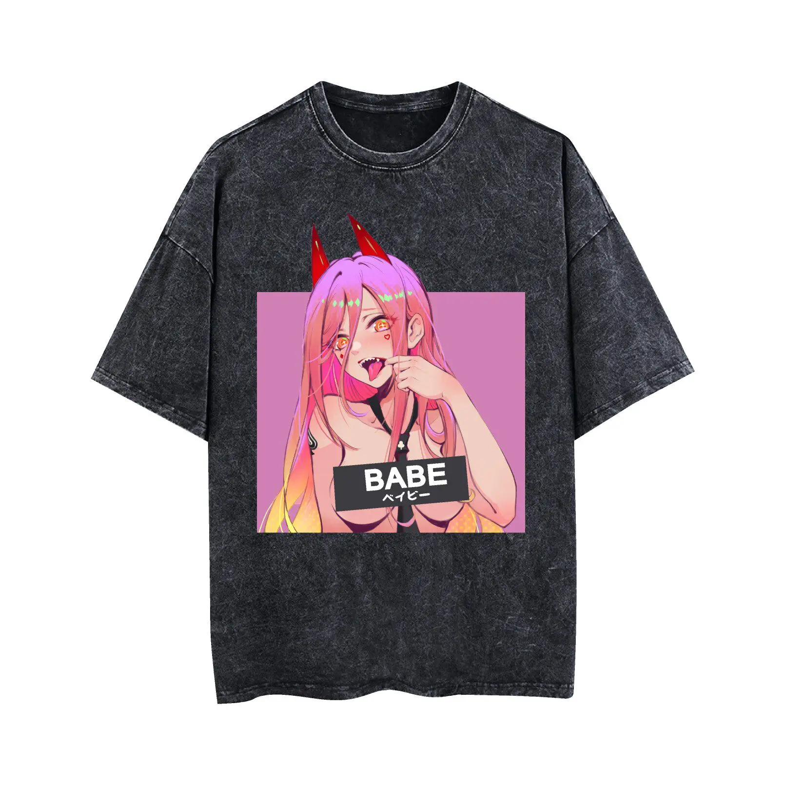 

Chainsaw Man 2026 T-shirt Streetwear Washed Black Oversized Short Sleeve Casual Daily Wear Power “BABE” Japanese Text Design