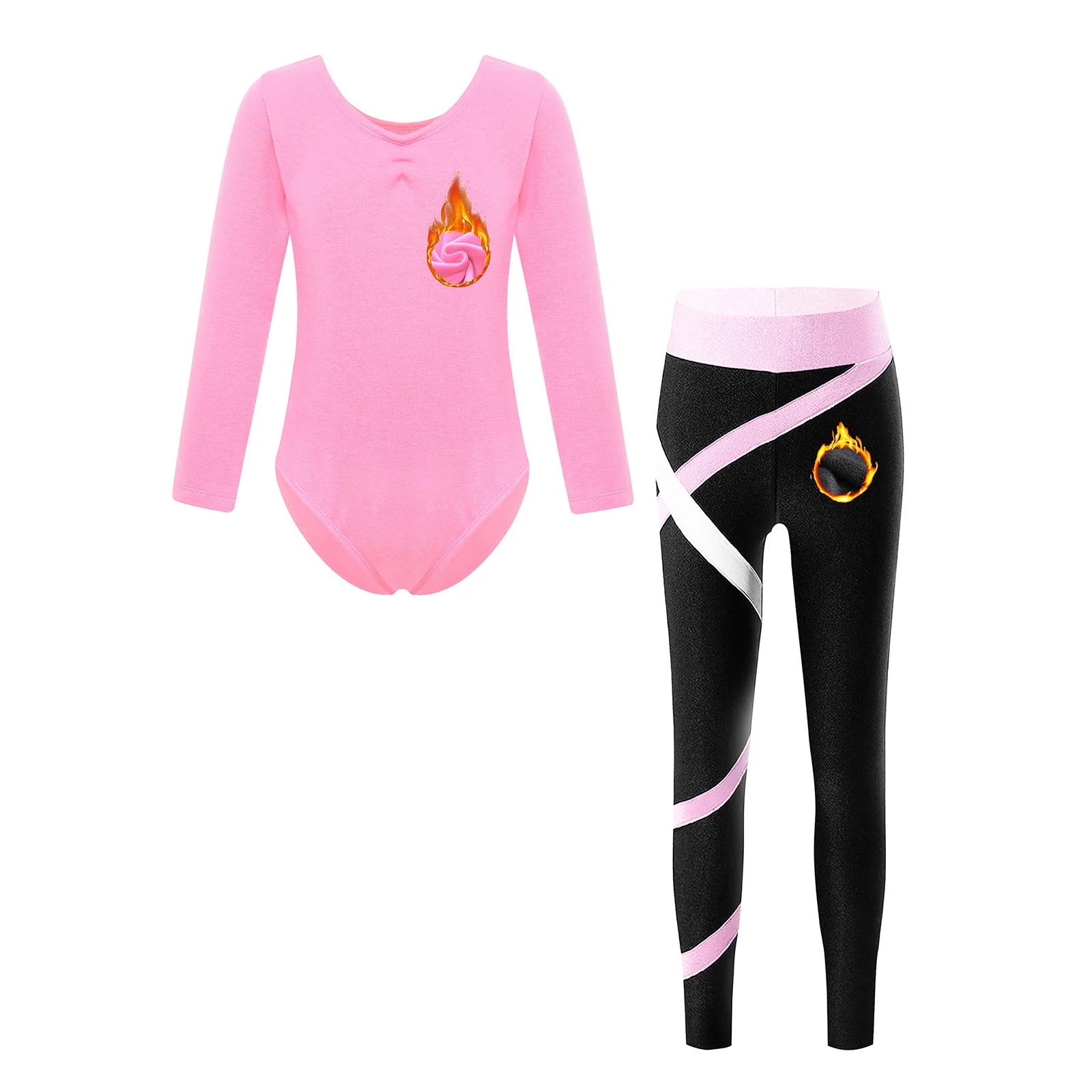 Skating Gymnastics Sport Fleece-Lined Outfit Kids Girls Long Sleeve Exercising Leotard with Patchwork Leggings Training Set