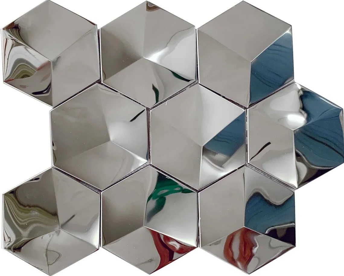 

Polished Mirror Hexagon Silver Metal Mosaic Stainless Steel Kitchen Backsplash Tile SMMT09072