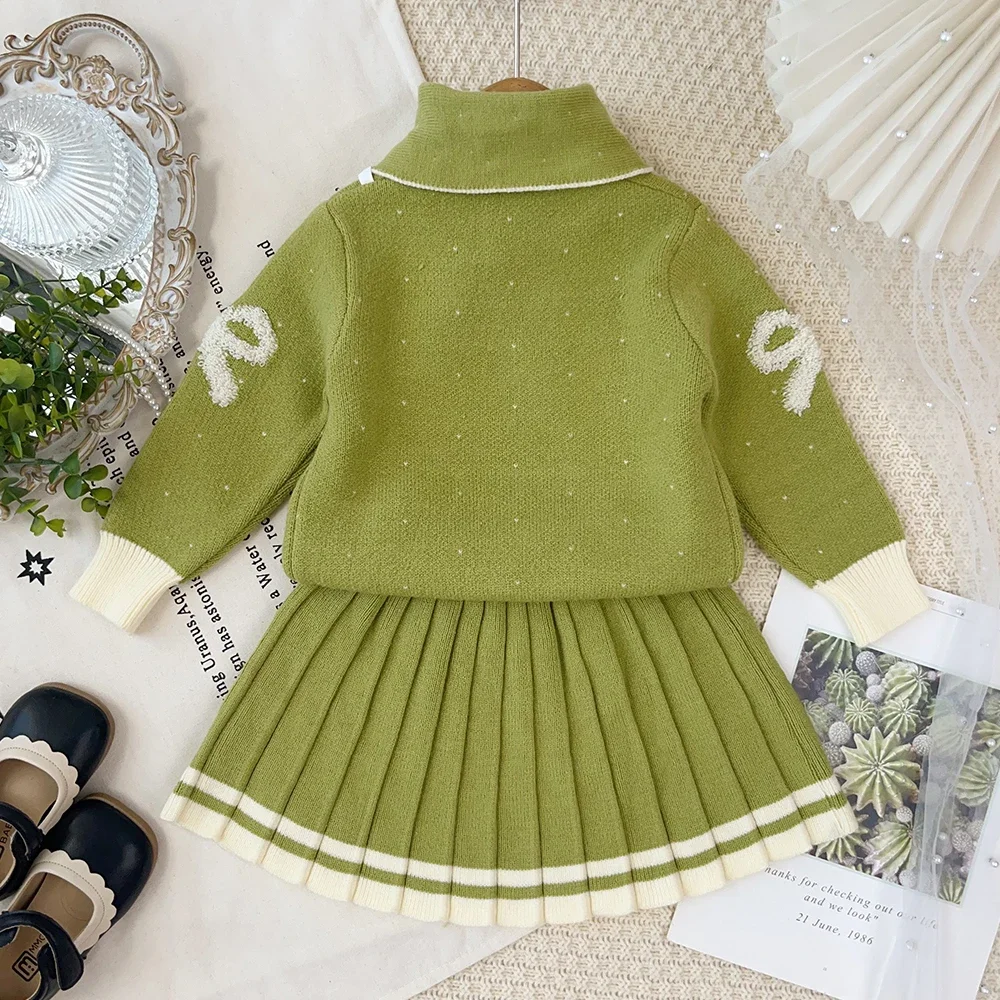 Langärmeliger Pullover für Mädchen, Herbst- und Winterkleidung, Schmetterlingsdruck, Strickoberteil mit Kragen + kurzer Rock, modisches, süßes Kinderset – Detail 20