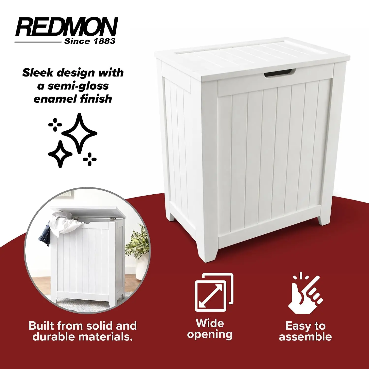 Redmon Contemporary Country Wainscot Style Wooden Clothes Hamper, White