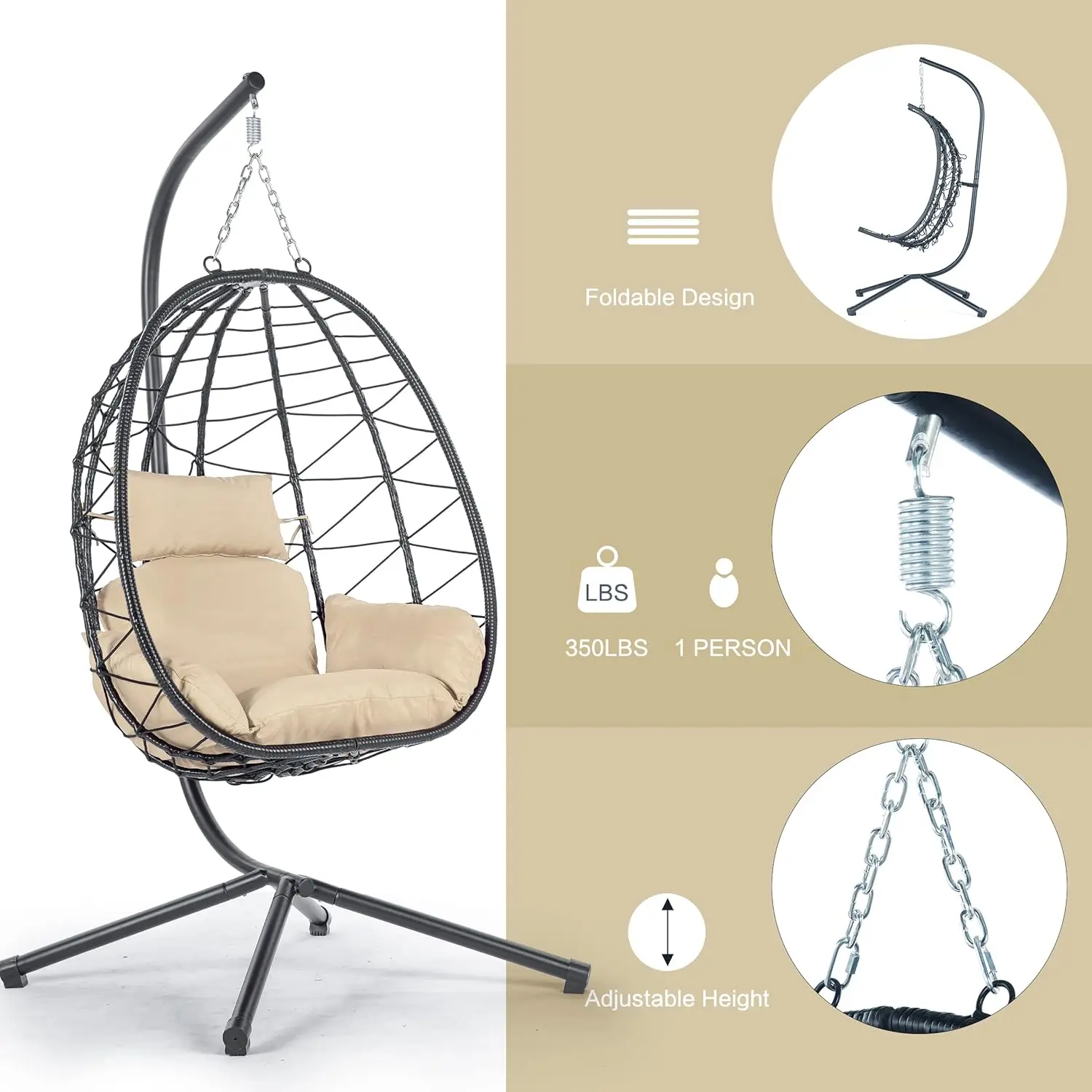 '77' كرسي أرجوحة على شكل بيضة داخلي/خارجي مع حامل، أرجوحة معلقة من الخيزران، إطار فولاذي، تحميل 350 رطل، بيج #4