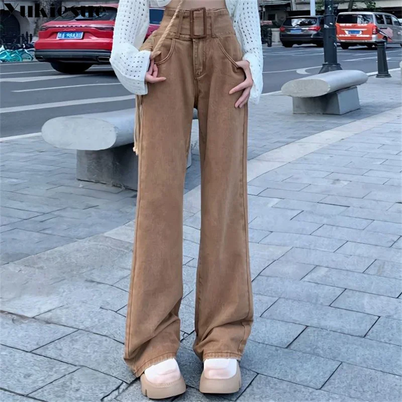 

Женские брюки 2023, летние модные винтажные джинсовые брюки с высокой талией на пуговицах для женщин, повседневные однотонные тонкие брюки-клеш, уличная одежда