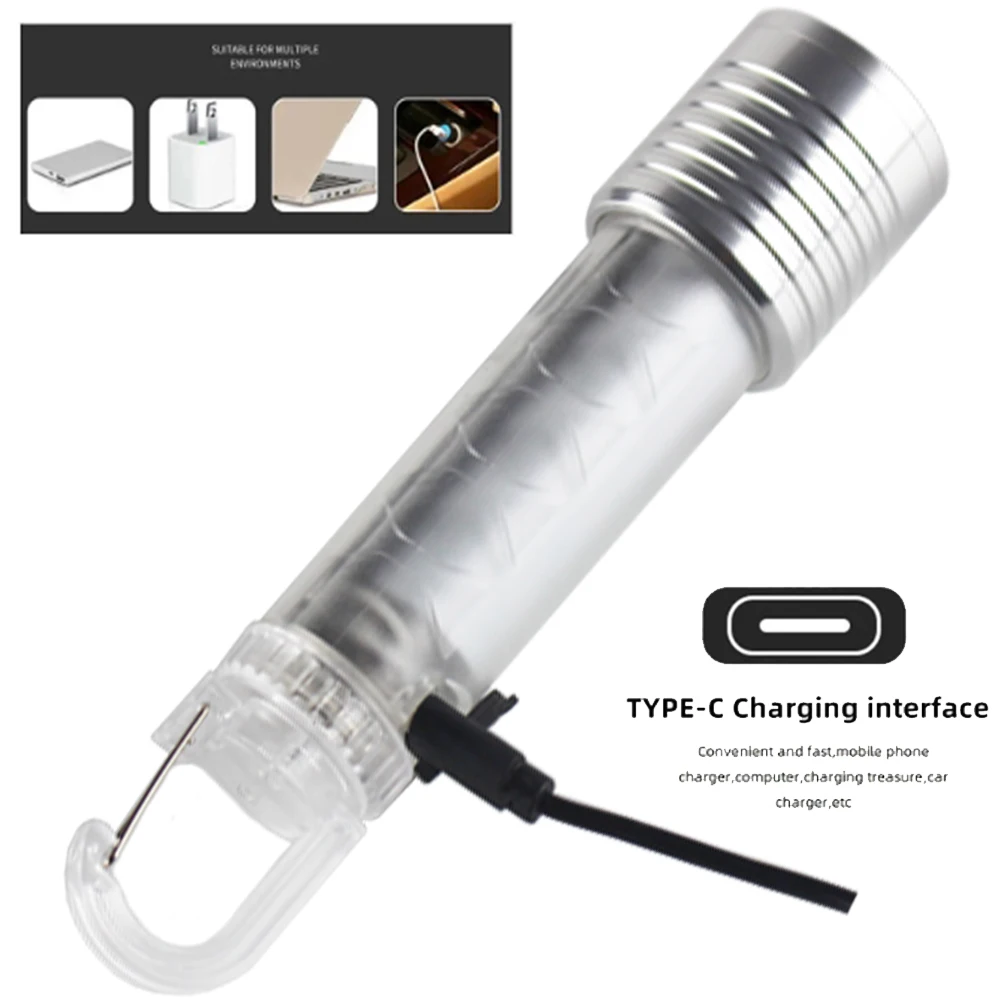 Portable LED Flashlight Multifunction Work Light with Hook Zoom Type-C Rechargeable Torch Waterproof Camping Lantern