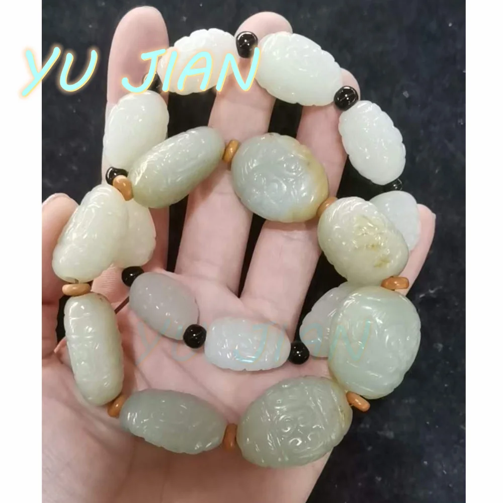 

NEW Certified Pure Hand-carved Natural Hetian Jade With Shape Jade-Beads Bracelets Charming Bangle Amulet Handring Fine Jewelry