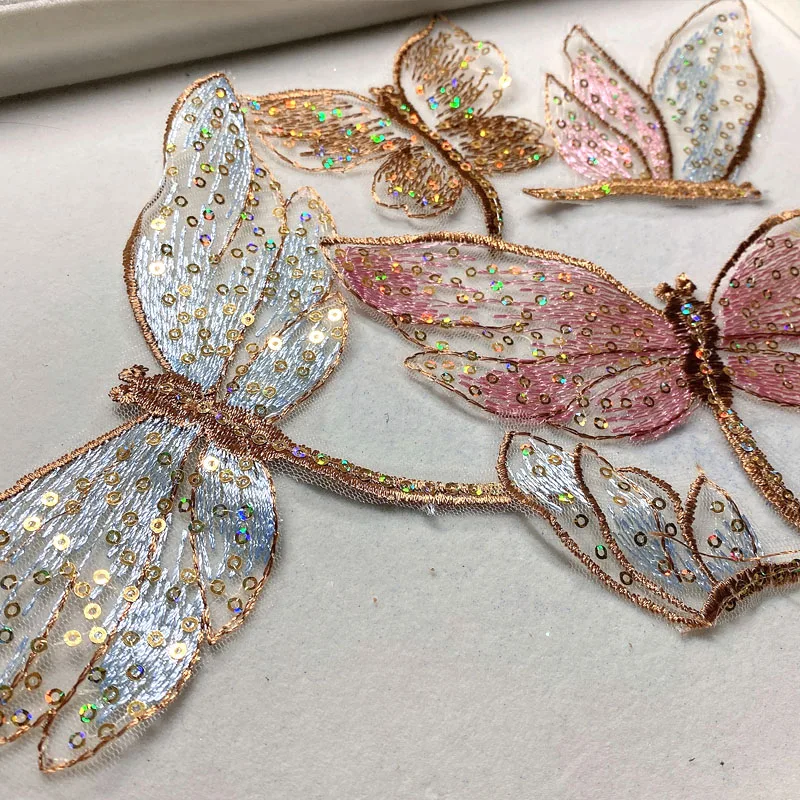 Cute Multi-Color Sequins Dragonfly Lace Fabric Sticker Art Handmade Material Package Accessories  Swinging Props 1 Set X1162