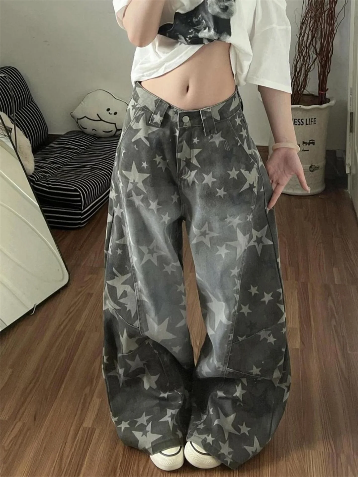 Street Style Star Print Curved Knife Jeans Loose Wide Leg Pants Men Women American Washed Deconstructed Casual Trousers