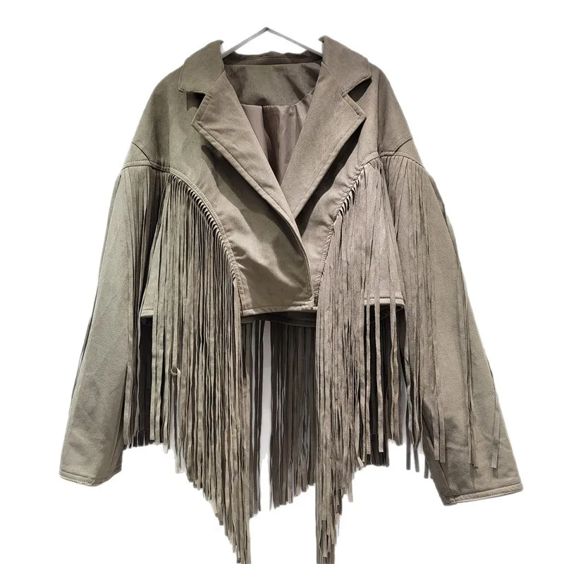 النساء فو سترات من الجلد الصلبة معاطف قصيرة شرابة رفض طوق طويلة الأكمام مغطاة زر فضفاضة تناسب الشارع الشهير 2025 الخريف