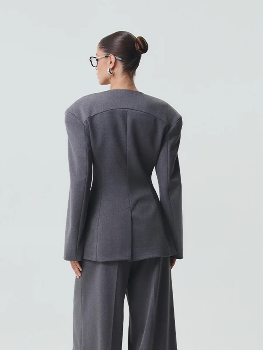 LIMO Deep V Neck Belted Waist Blazer Women Shoulder Pads Double Strap Buckle Slim Fit Pocket Elegant Office Suit Jacket