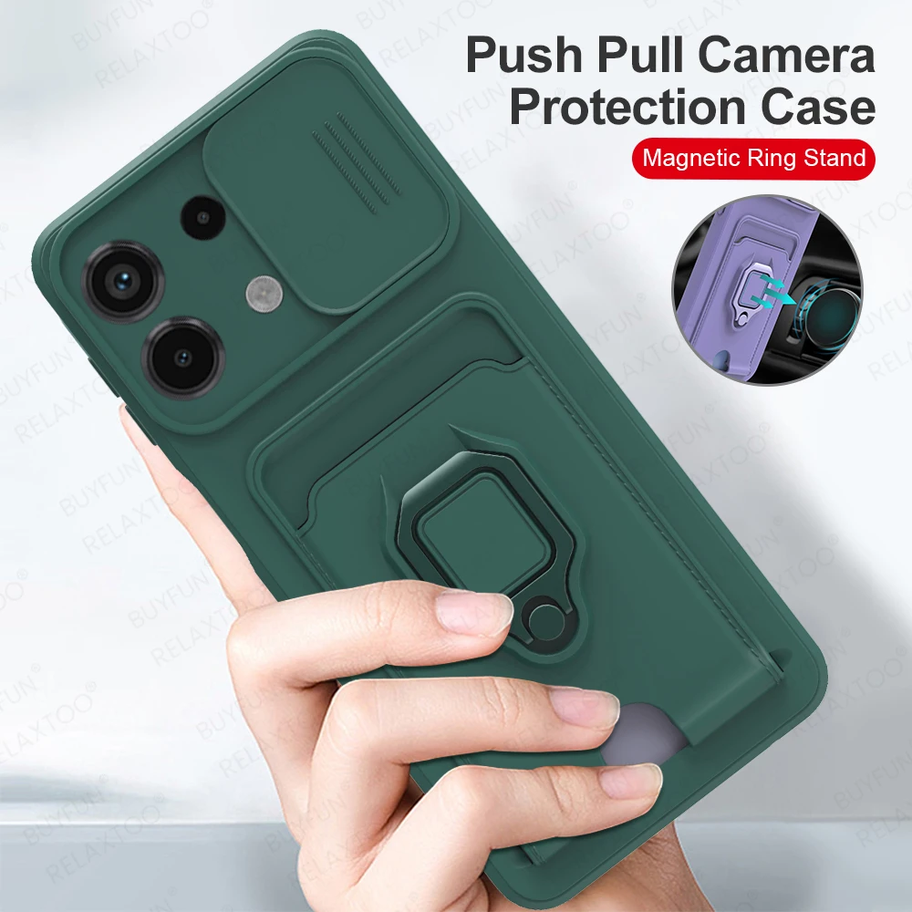 Slide Camera Protection Case For Redmi Note 13 Pro 5G 4G Magnetic Ring Card Slot Holder Shockproof Coque On Redmy Note13 Pro+ 5G