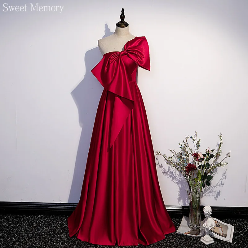 

Sweet Memory S148 One Shoulder Banquet Prom Dress Lady Female Celebrity Luxury Pink Wine Red Big Bow Toast Long Evening Dresses