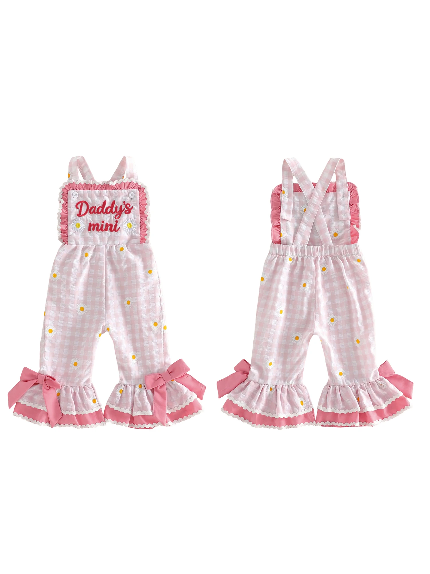 

Cute Toddler Girls Denim Overalls Sweet Floral Embroidery Sleeveless Square Neck Striped Flare Pants Romper