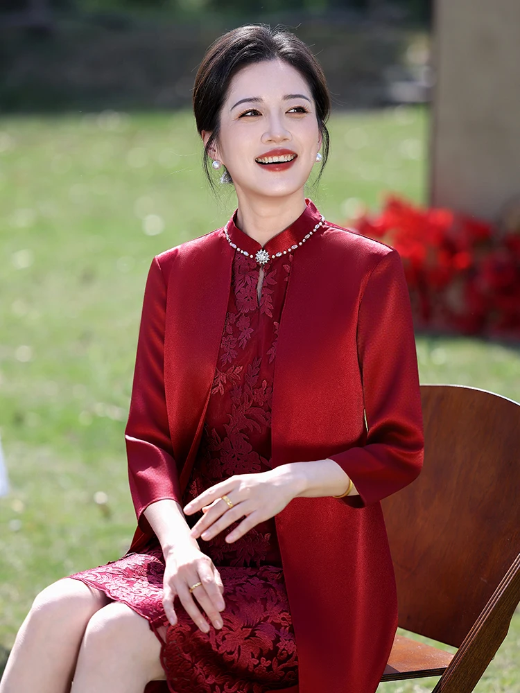 

Ele Red Mom Wedding Dr Long Sve Autumn Winter High End Fake Two Piece Set for October Marriages