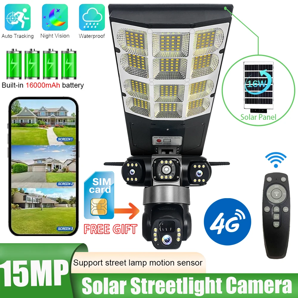 Cámara Solar con Sensor, farola LED, 3 modos de luz, tres lentes, 4G, 15MP, cámaras de vigilancia en exterior IP66, Control remoto impermeable