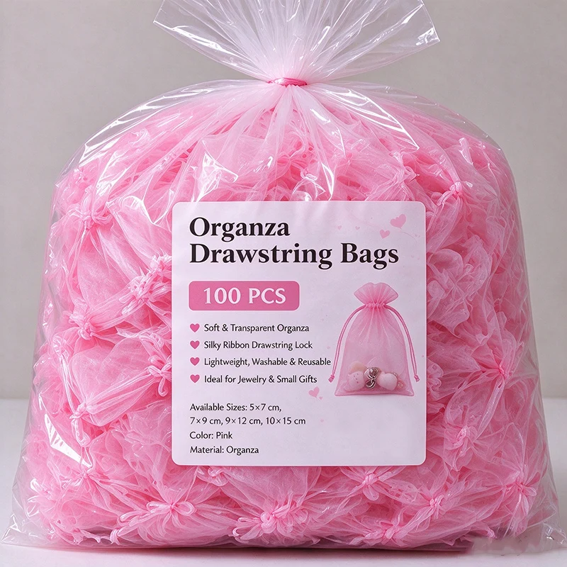10-100PCS Pink Organza Gift Bag Drawstring Pouches Semi Transparent Favor Bags for Wedding Xmas Candy Jewelry Packaging Storage