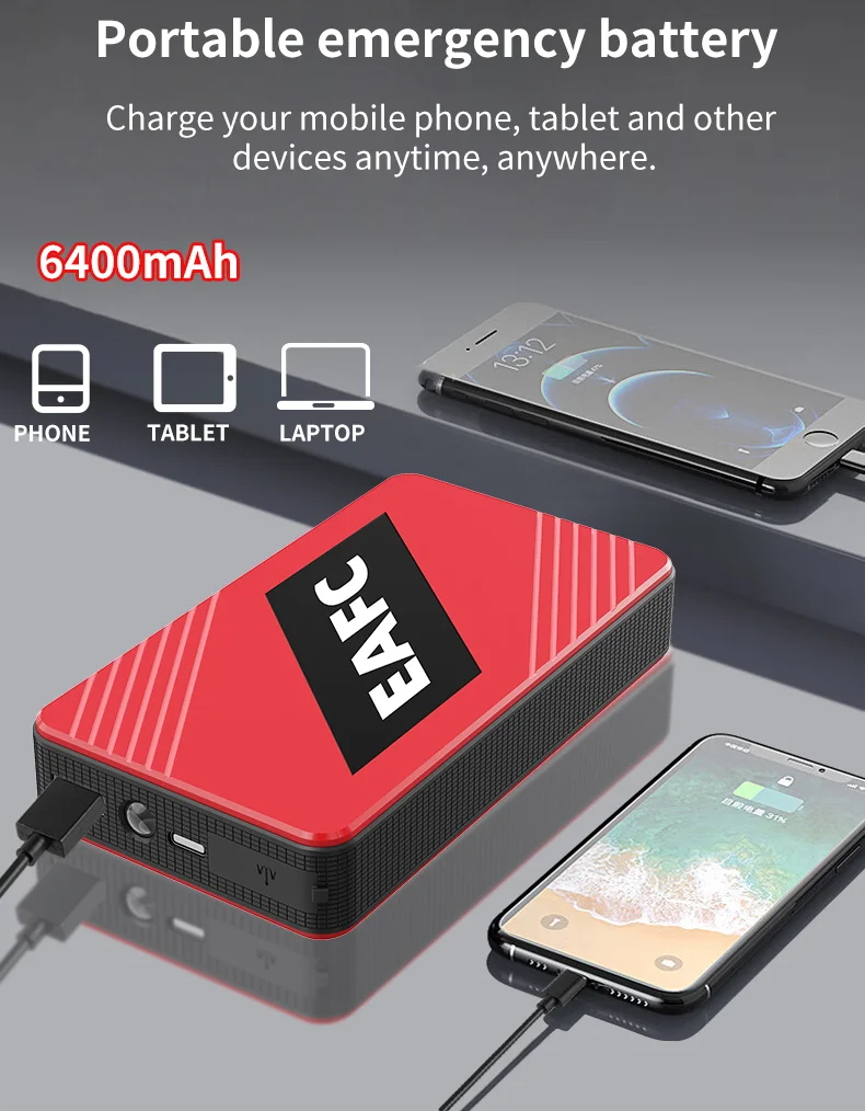 EAFC 600A Peak Car Jump Starter Power Bank, tragbarer 12-V-Batterieladegerät-Booster mit USB-Anschluss und SOS-LED-Licht – Detail 4