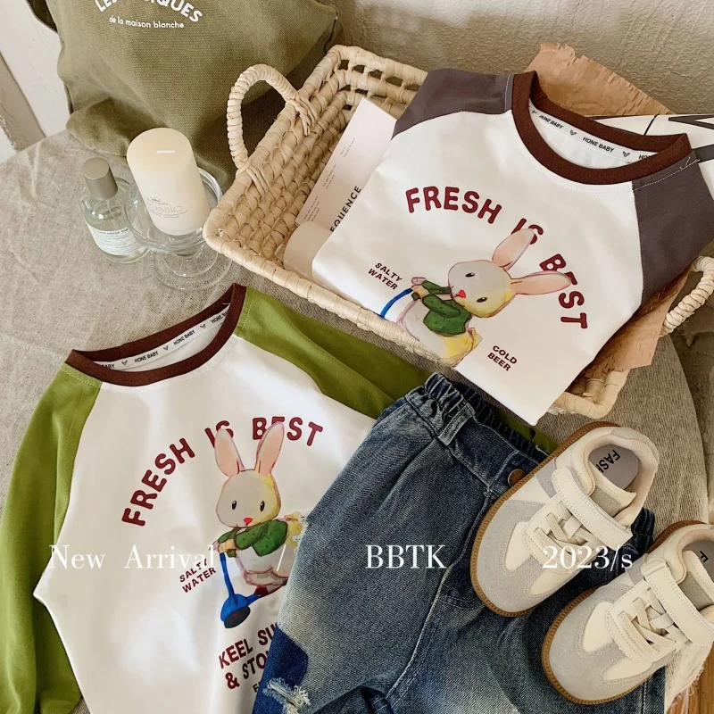 

ChildrenTT-shirt2024Spring New Boys and Girls Printed Cartoon Bunny Raglan CasualTT-shirt Fashion F0051-WS