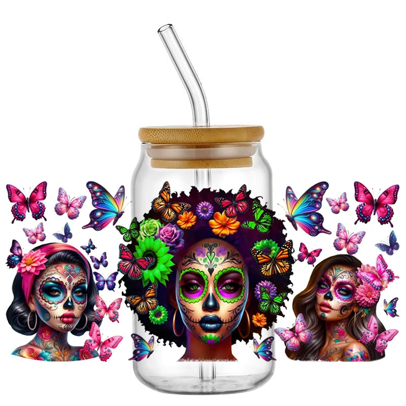 Beautiful Skull Butterfly UV DTF Cup Wrap Waterproof Cold Transfer Sticker for 16oz Libbey Glass Can DIY Decor