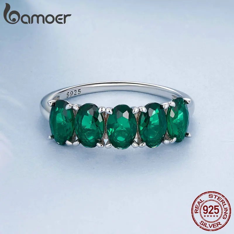 Bamoer 100%925 Sterling Silver Original design Luxurious Green Zircon Rings For Women  Special Fine Jewelry Birthday Gift