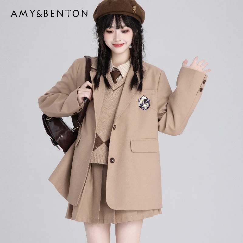 2024 New Sweet College Style Autumn Khaki Suit Collar Pocket Loose Blazer Skirt Suit For Girls