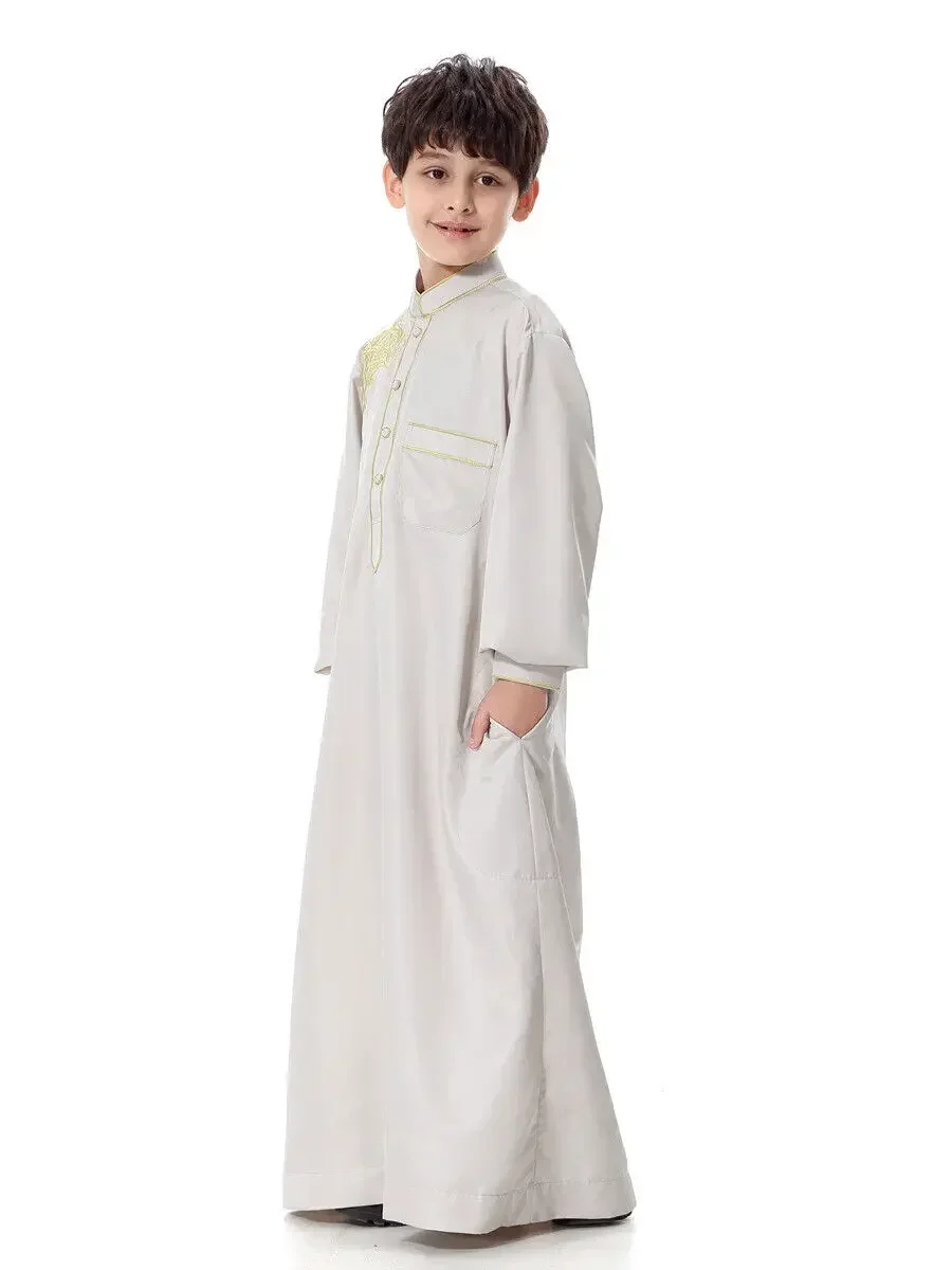 Abaya muçulmano para crianças, vestido de manga comprida, cor sólida, luxo, bordados, islâmicos, meninos árabes, abaya, single-breasted, dubai, jubba thobe