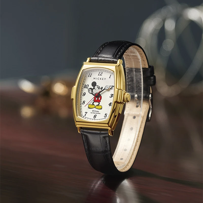 Anime Disney Peripherals Unisex Men Women Tonneau Dial Mickey Mouse Quartz Wristwatch Luminous Waterproof Cute Clock Xmas Gift