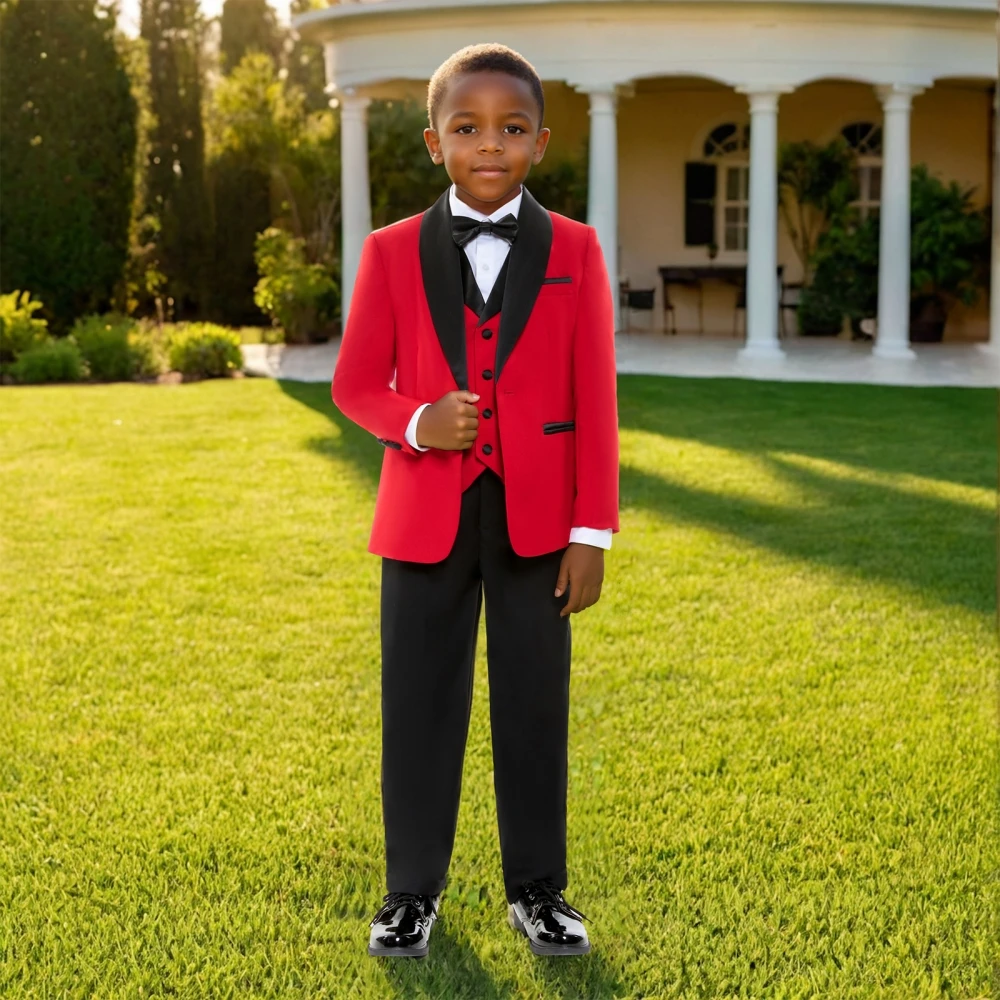 Hot Sale Red Boys Suits For Christmas New Year Classic Kids 4 Pieces Wedding Birthday Prom Elegant Child Tuxedo School Activity