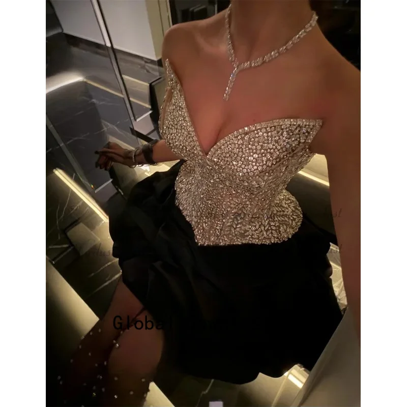 Fashionable Sweetheart Homecoming Dress Rhinestones Sleeveless Saudi Arabric Illusion Cocktail Party Gown Customized