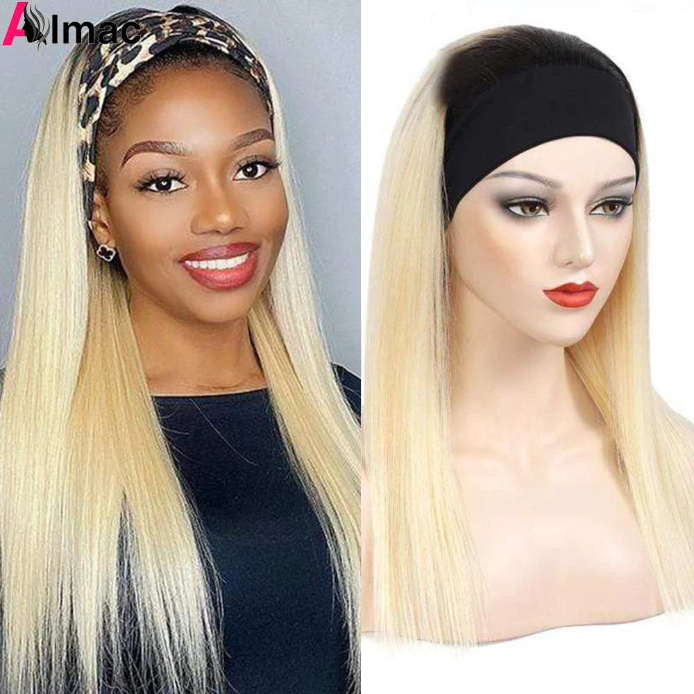 12-26 Inch 1B613 Honey Blonde Color Human Hair Straight Wig Headband Scarf Wig For Women Brazilian Remy Hair Full Machine Mad