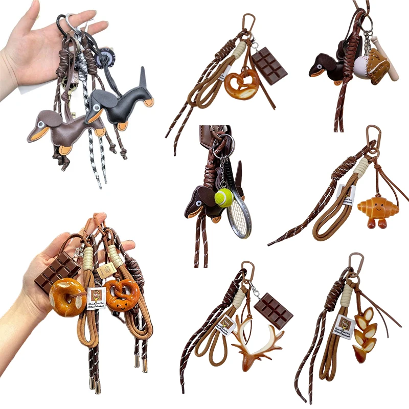 1Pcs Braided Rope Bag Pendant Keychain Alkaline Water Bread Chocolate Pendant Cute Car Backpack Hanging Decoration Key Ring Gift