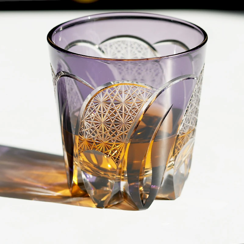 Purple Whiskey Glass 320ml, Hand Carved Design, Luxury Barware Gift Set for Men, Engraved Old Fashioned Tumbler