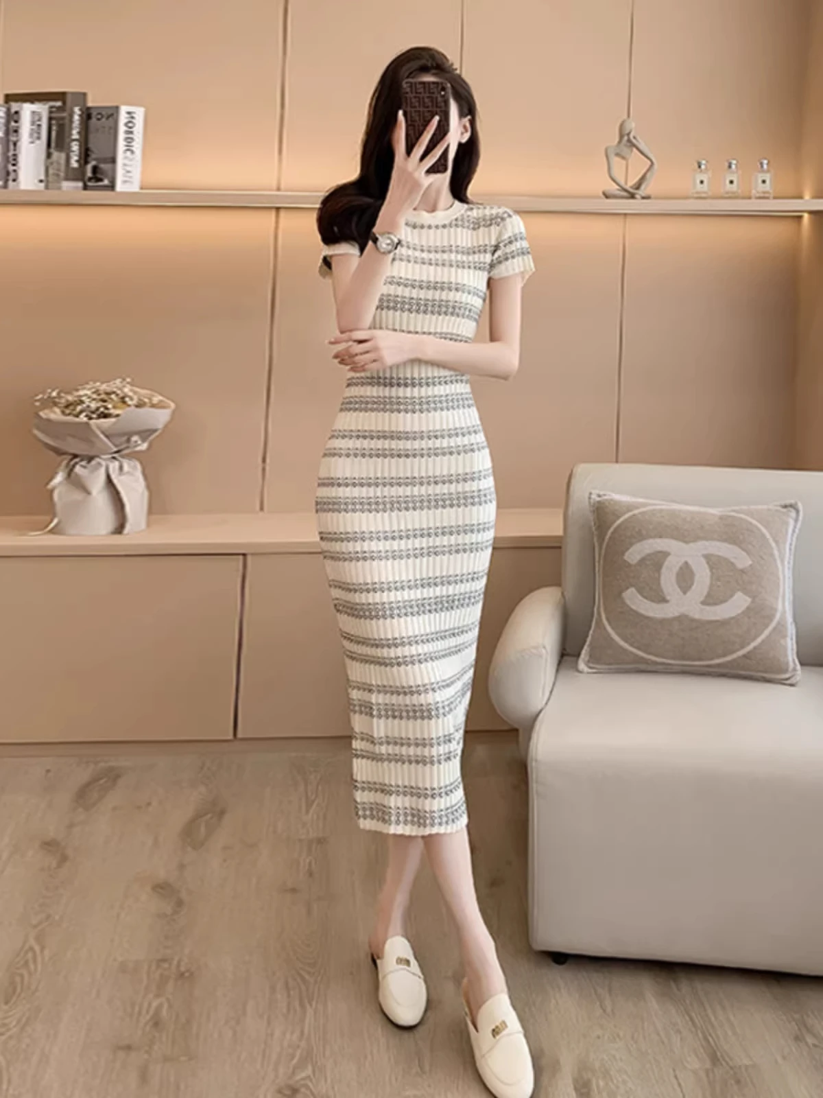Summer Women's Knitted Slim Fit round Neck Striped Dress High Waist Polyester Blend Short Sleeve Casual H-Shape Skirt Dress