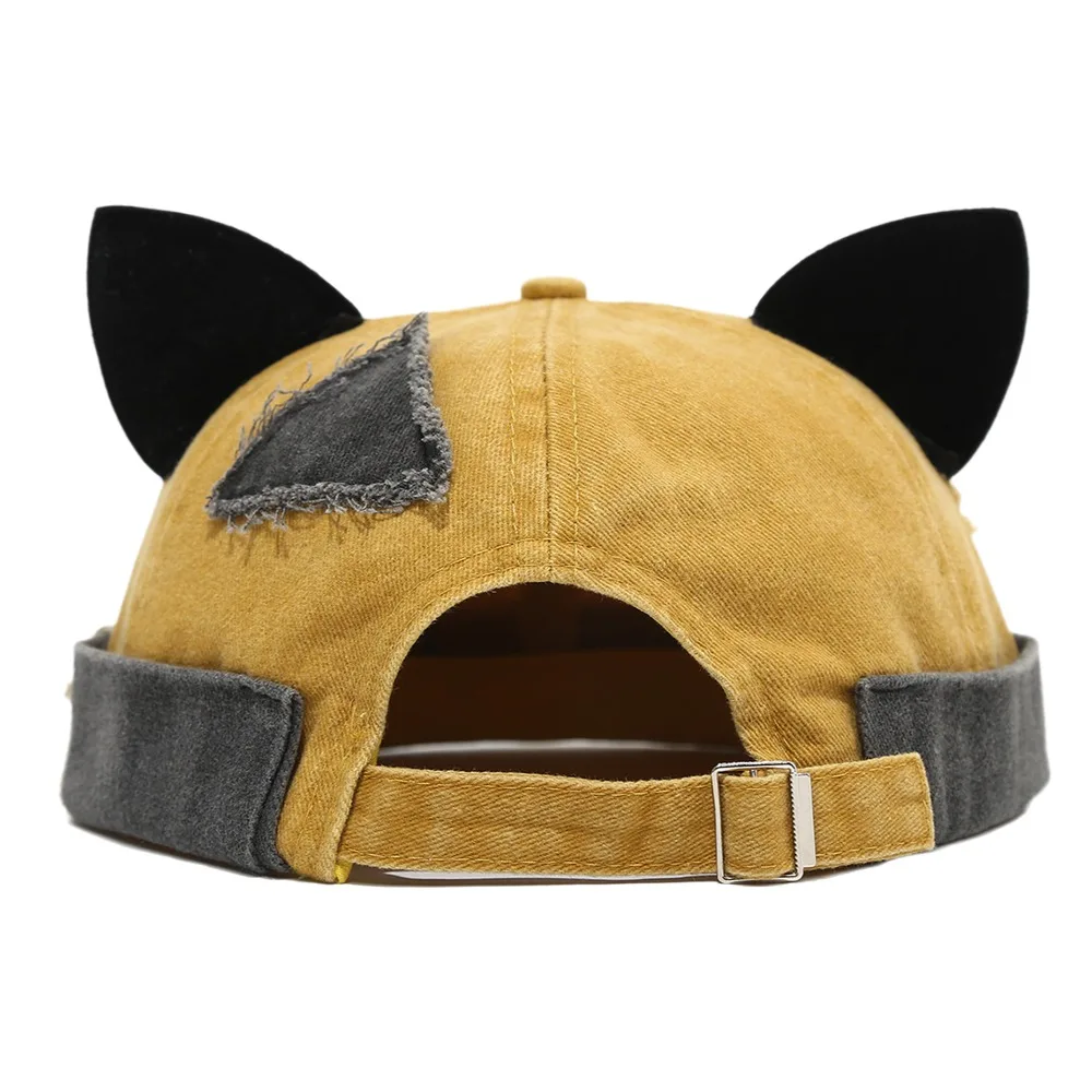 

New Fashion Cute Cat Ears Brimless Hat Adjustable Rolled Cuff Melon Docker Cap Solid Color Hip Hop Docker Cap Outdoor