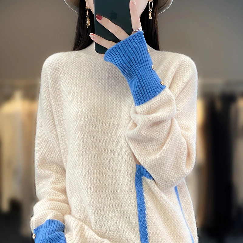 Large Size Sweater Clothing 2023 Autumn/Winter 100% Cashmere Wool Sweater Women's Half High Neck Knit Pullover Loose Fashion Top